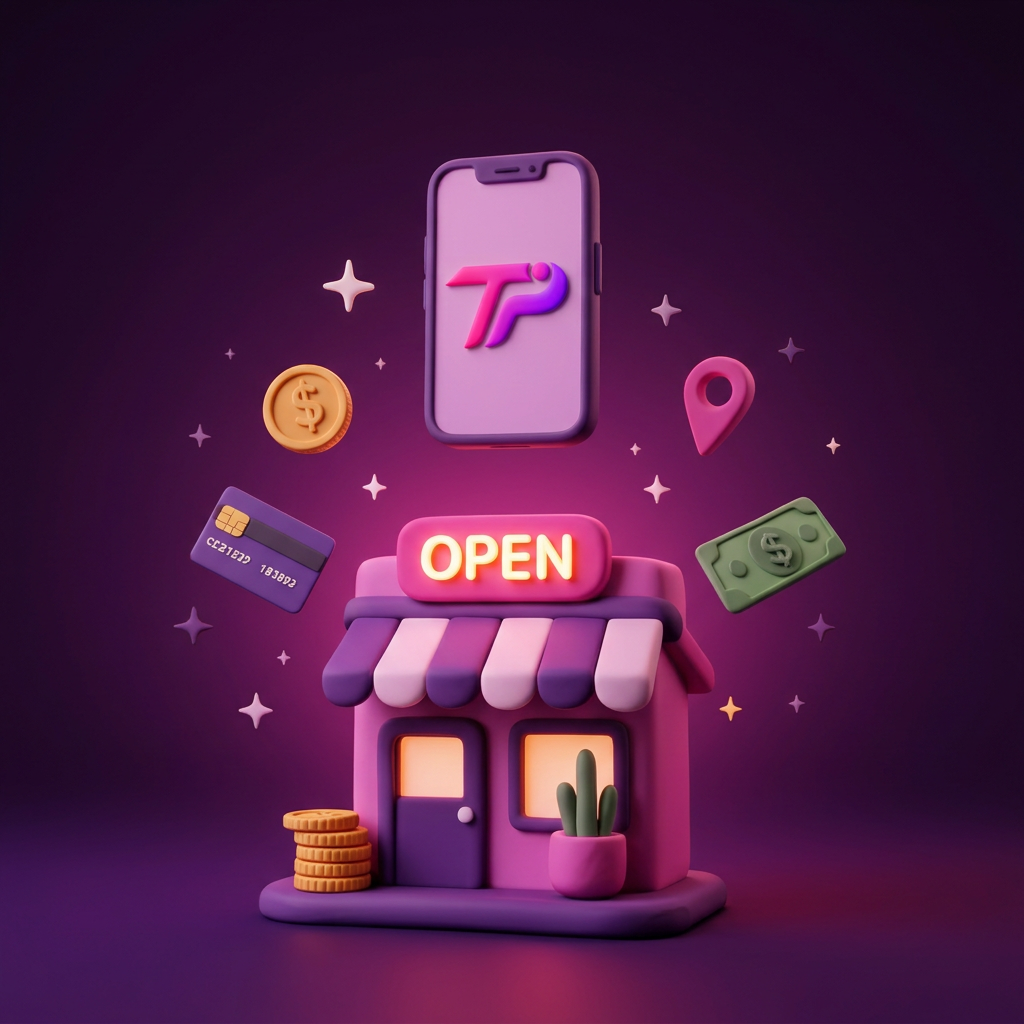 3D illustration of a TransPay agent storefront with floating payment icons